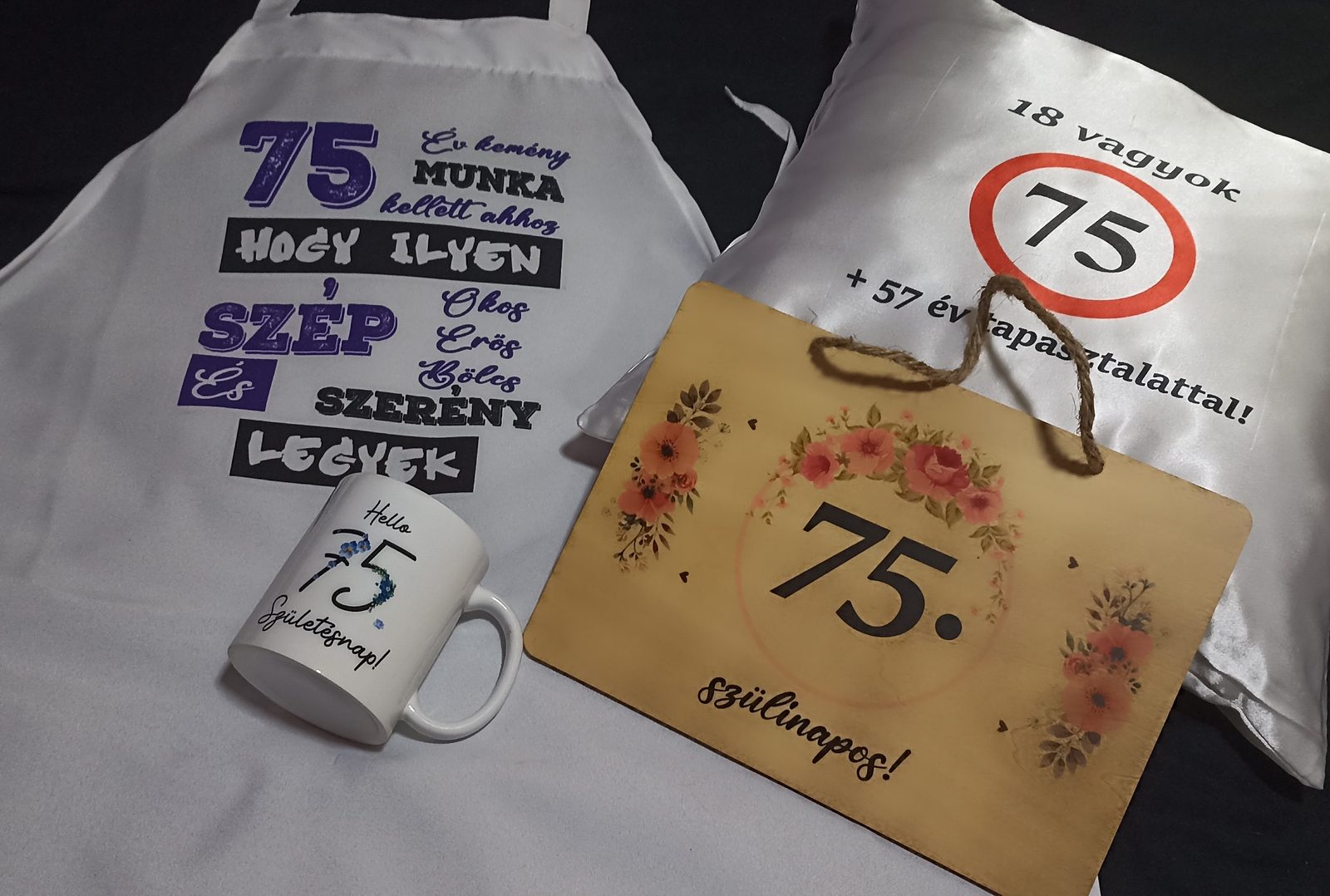 75. születésnapi ajándék szett - kötény, bögre, párna, tábla